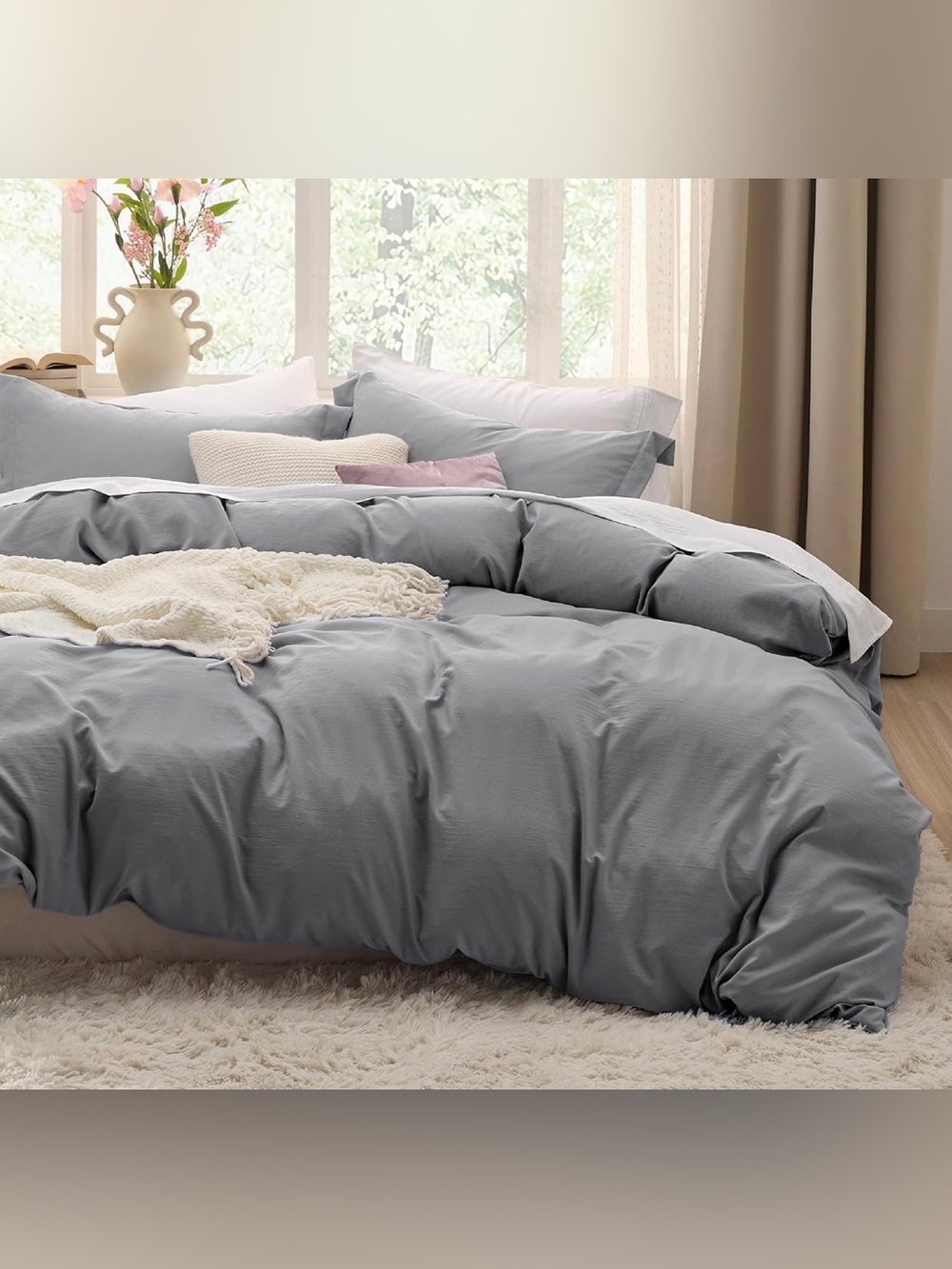 Bedsure Light Grey Duvet Cover King Size 3 Pieces Prewashed Cotton Bedding Set